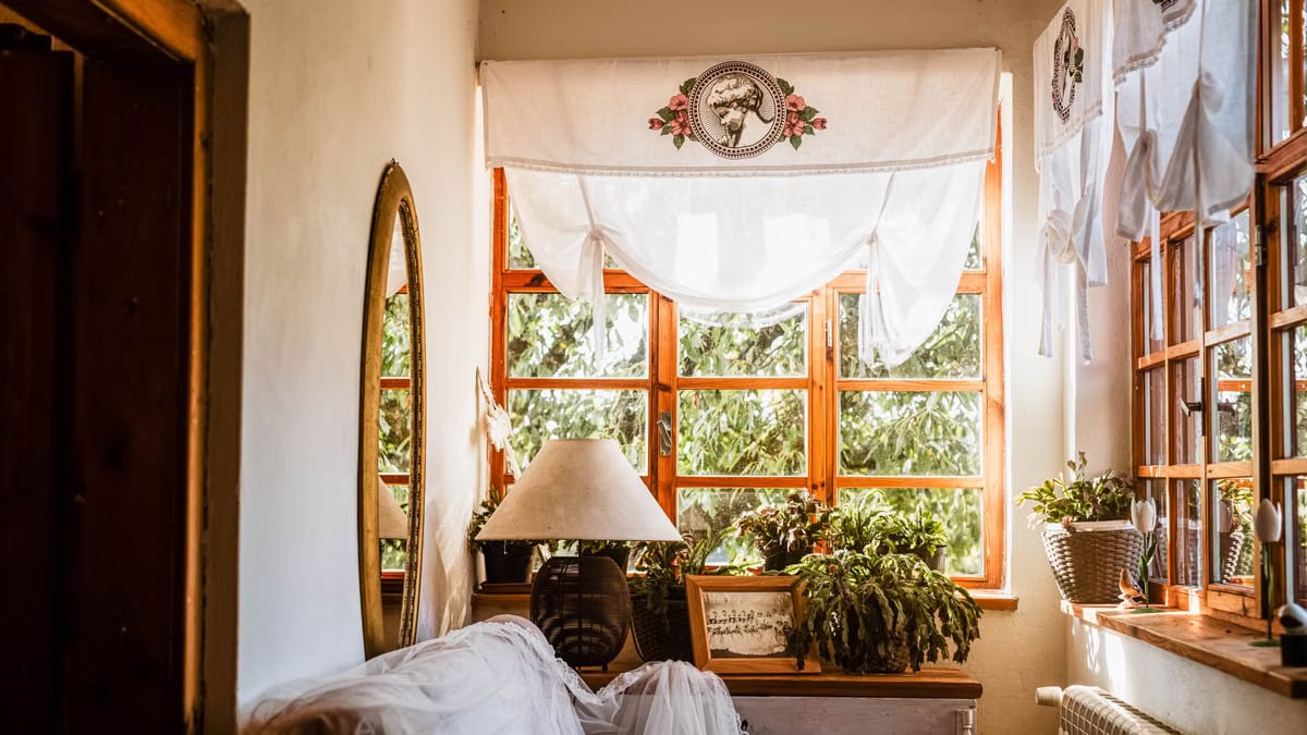 A cozy room with vintage decor and a sunlit window, adorned with plants and soft furnishings.